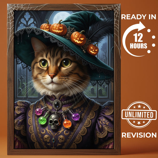 Custom Halloween Witch Cat Portrait: Spooky Gothic Pet Art (Digital File)