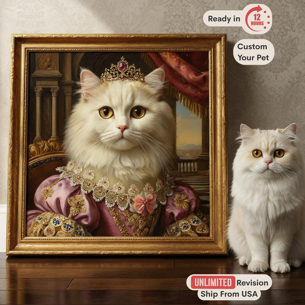 Custom Pet Portrait from Photo, Regal Queen Cat, Royal Oil Painting, Funny Dog Gift