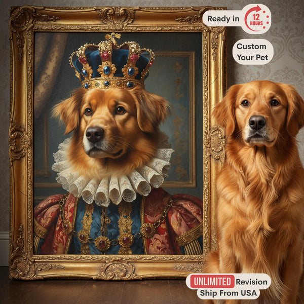 Custom Pet Portrait, Royal King or Queen Costume, Regal Dog or Cat Art Canvas, Historical Painting, Pet Memorial Gift