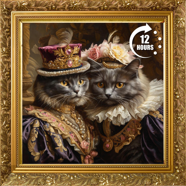 Custom Royal Cat Couple Portrait Canvas: Unique Pet Lover Gift