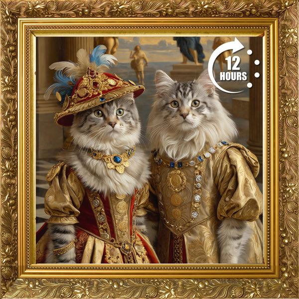 Custom Prince & Princess Cat Portrait: Royal Pet Couple Canvas Art