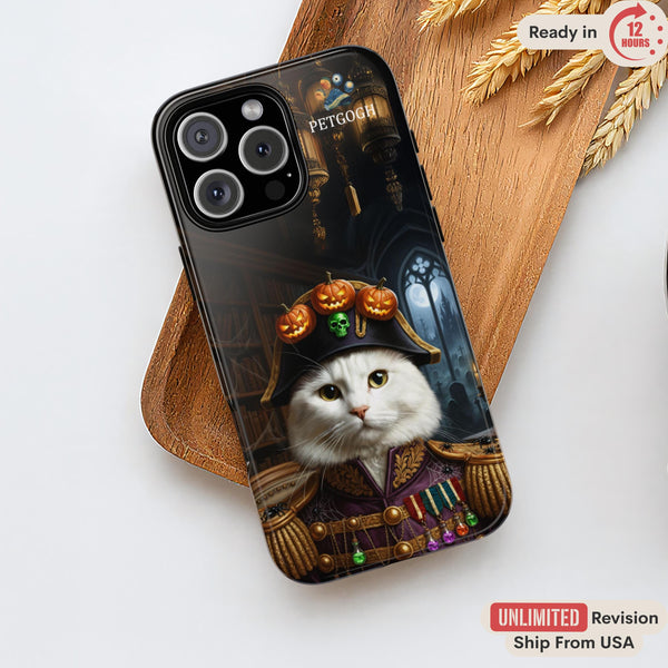 Custom Halloween Cat Case, Napoleon Pet Portrait, Spooky General Phone Case, Personalized iPhone 17 Case, Using Pet Photo, Royal Cat Gift