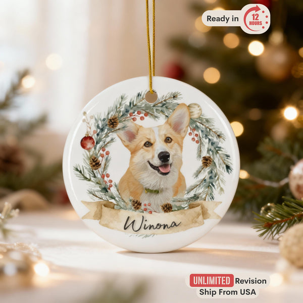 Custom Pet Christmas Ornament, Dog Portrait with Wreath, Personalized Cat Painting, Pet Lover Gift