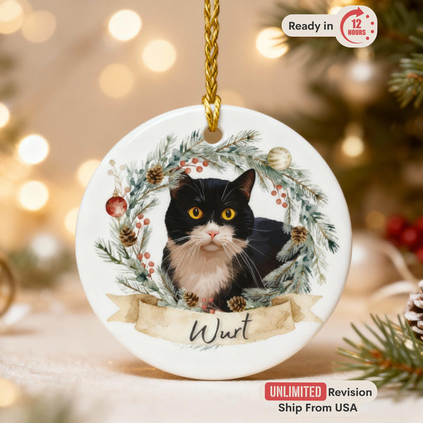 Christmas Custom Pet Ornament, Personalized Dog or Cat Face Memorial Keepsake, Pet Name Gift, Holiday Wreath Design, In Loving Memory