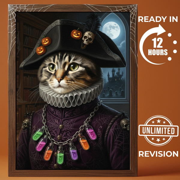 Custom Halloween Pet Portrait, Pirate Cat Painting, Spooky Pumpkin Art, Gothic Captain Dog, Personalized Halloween Gift, Pet Lover Gift