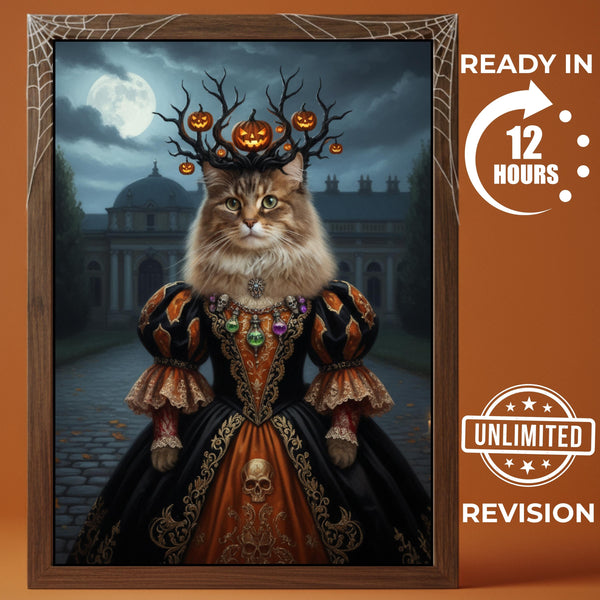 Custom Halloween Pet Portrait, Pumpkin Queen Cat Art, Spooky Forest Witch Dog, Gothic Harvest Decor, Pet Lover Gift