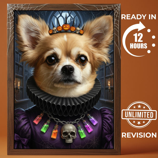 Personalized Dog Princess Portrait, Cute Chihuahua Art, Spooky Halloween Decor, Custom Royal Pet, Gift for Her