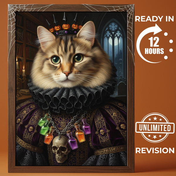 Custom Gothic Queen Cat Portrait: Spooky Halloween Pet Art (Digital File)