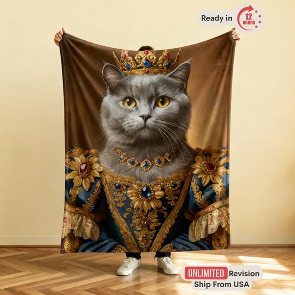 Royal Pet Blanket, Custom Dog Portrait Throw, Personalized Cat Painting, Regal Pet Gift