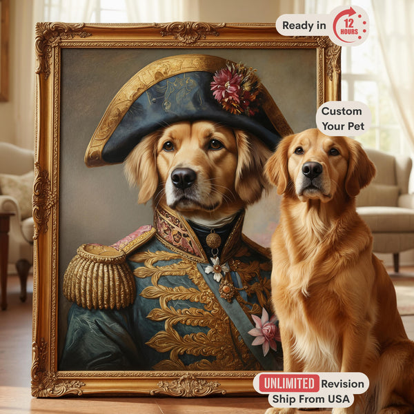 Custom Pet Portrait, Royal Pet in Costume, Regal Dog or Cat Art Canvas, Historical General Painting, Personalized Pet Gift