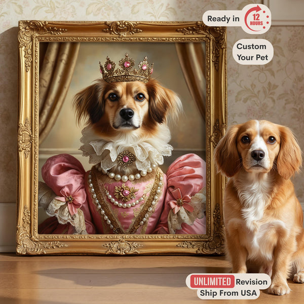Personalized Dog Painting from Photo, Custom Pet in Queen Costume, Historical Wall Art, Pet Memorial Gift
