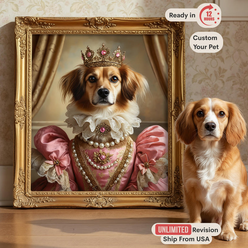 Personalized Dog Painting from Photo, Custom Pet in Queen Costume, Historical Wall Art, Pet Memorial Gift