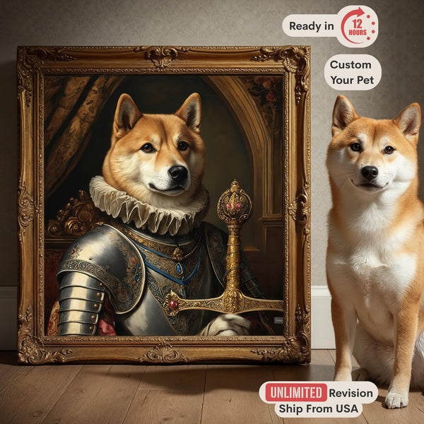 Custom Pet Portrait, Royal Knight in Armor, Regal Dog or Cat Art Canvas, Historical Warrior Painting, Pet Parent Gift