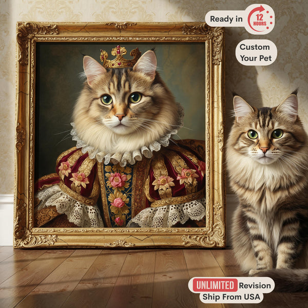 Royal Cat Portrait, Custom Queen Pet Painting, Regal Dog Art from Photo, Funny Pet Gift