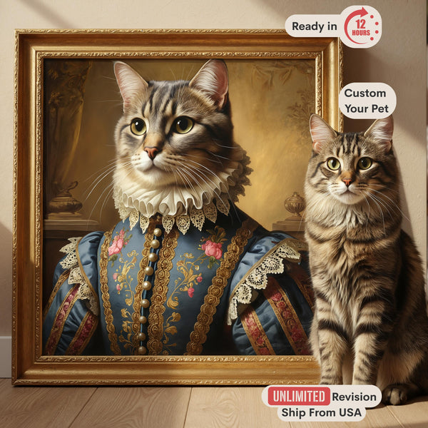 Custom Pet Portrait from Photo, Regal Royal Costume, Historical Dog or Cat Art Canvas, Personalized Pet Memorial Gift