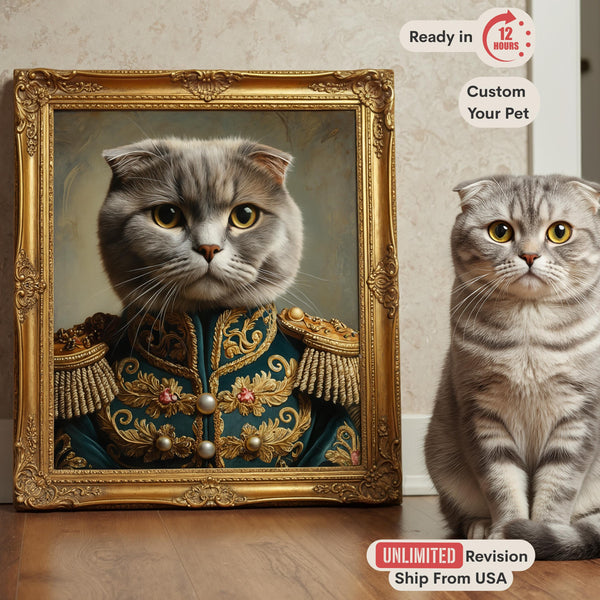 Custom Pet Portrait, Regal General Cat Oil Painting, Royal Dog or Cat Art, Funny Pet Lover Gift
