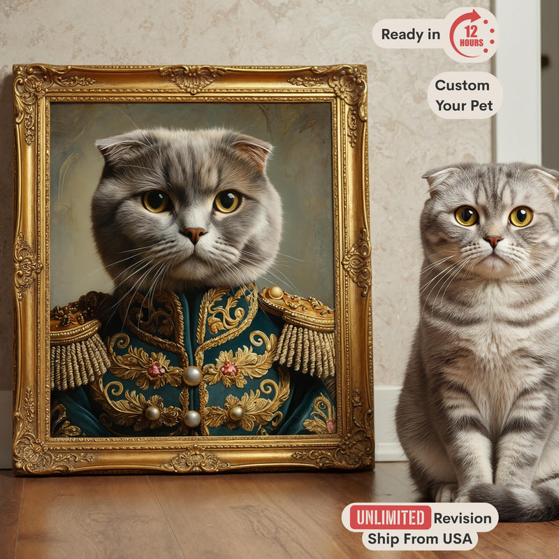 Custom Pet Portrait, Regal General Cat Oil Painting, Royal Dog or Cat Art, Funny Pet Lover Gift