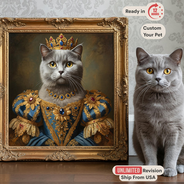 Custom Pet Portrait from Photo, Regal Queen Cat, Royal Oil Painting, Funny Dog Gift