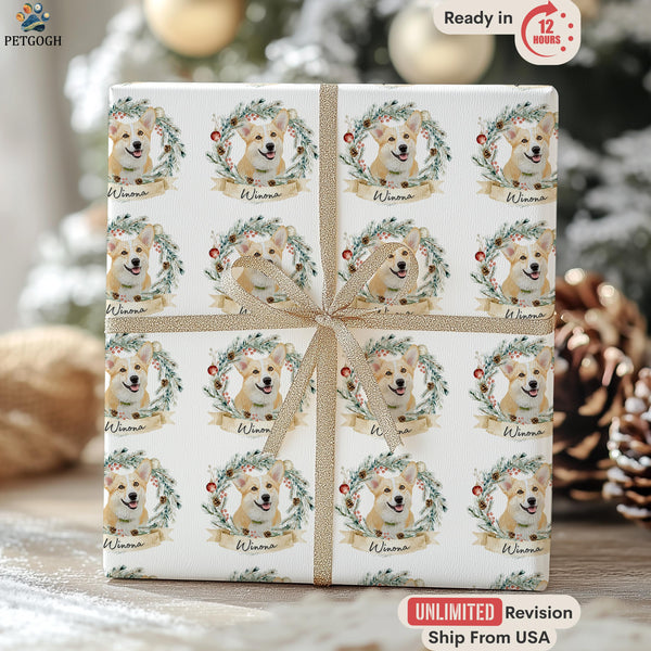 Custom Dog Wrapping Paper with Wreath | Personalized Pet Photo Gift Wrap for Christmas, Holiday, Cat & Dog Lover Presents