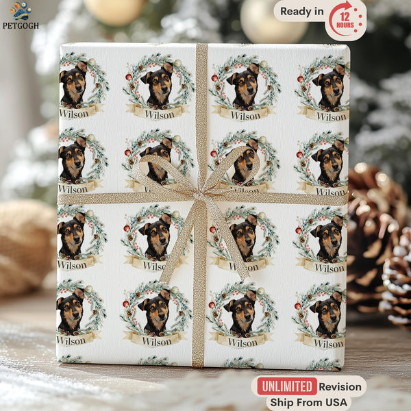 Custom Pet Photo Gift Wrap, Personalized Christmas Wrapping Paper, Funny Dog and Cat Paper with Wreath, Xmas Gift