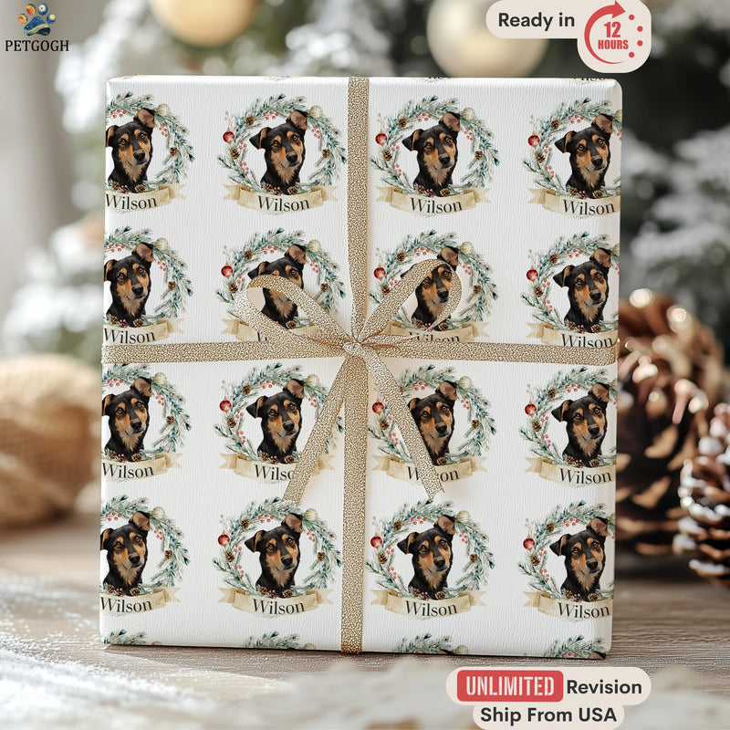 Custom Pet Photo Gift Wrap, Personalized Christmas Wrapping Paper, Funny Dog and Cat Paper with Wreath, Xmas Gift