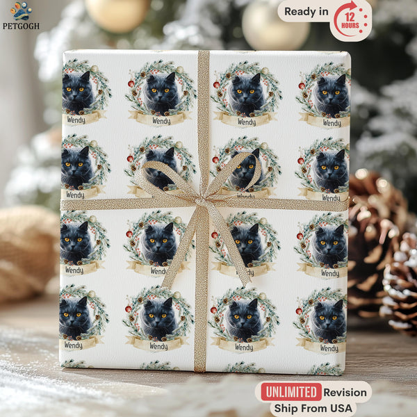 Christmas Pet Gift Wrapping Paper from Photo, Custom Wreath Cat Gift Wrap, Personalized Dog Wrapping Paper, Holiday Pet Gift