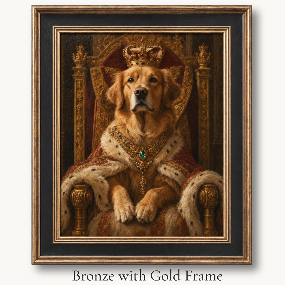 Golden retriever in a crown and fur-trimmed robe, seated on an ornate throne in a bronze with gold picture frame.