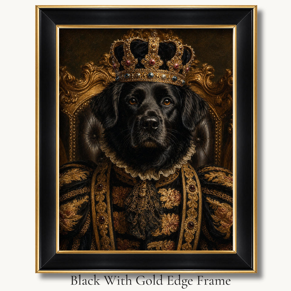Black dog in a crown and black-and-gold embroidered royal robe in a black with gold edge picture frame.