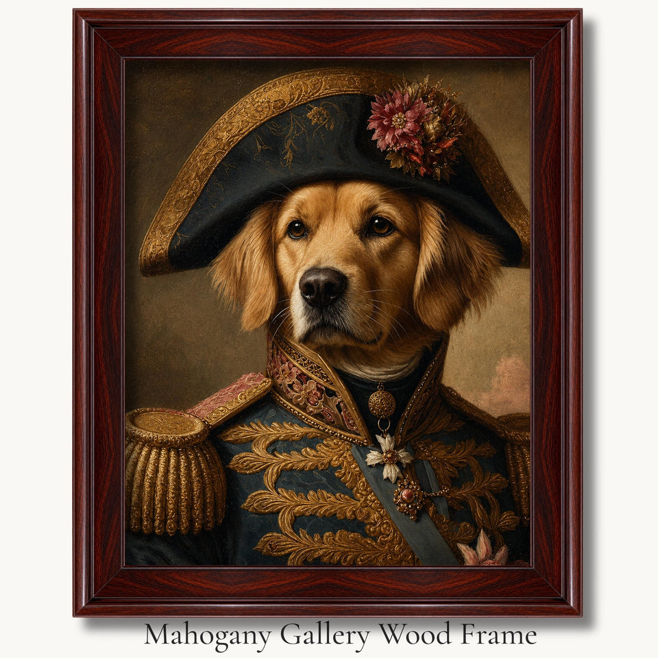 Golden retriever general in a bicorne hat and blue military jacket in a mahogany gallery wood picture frame.