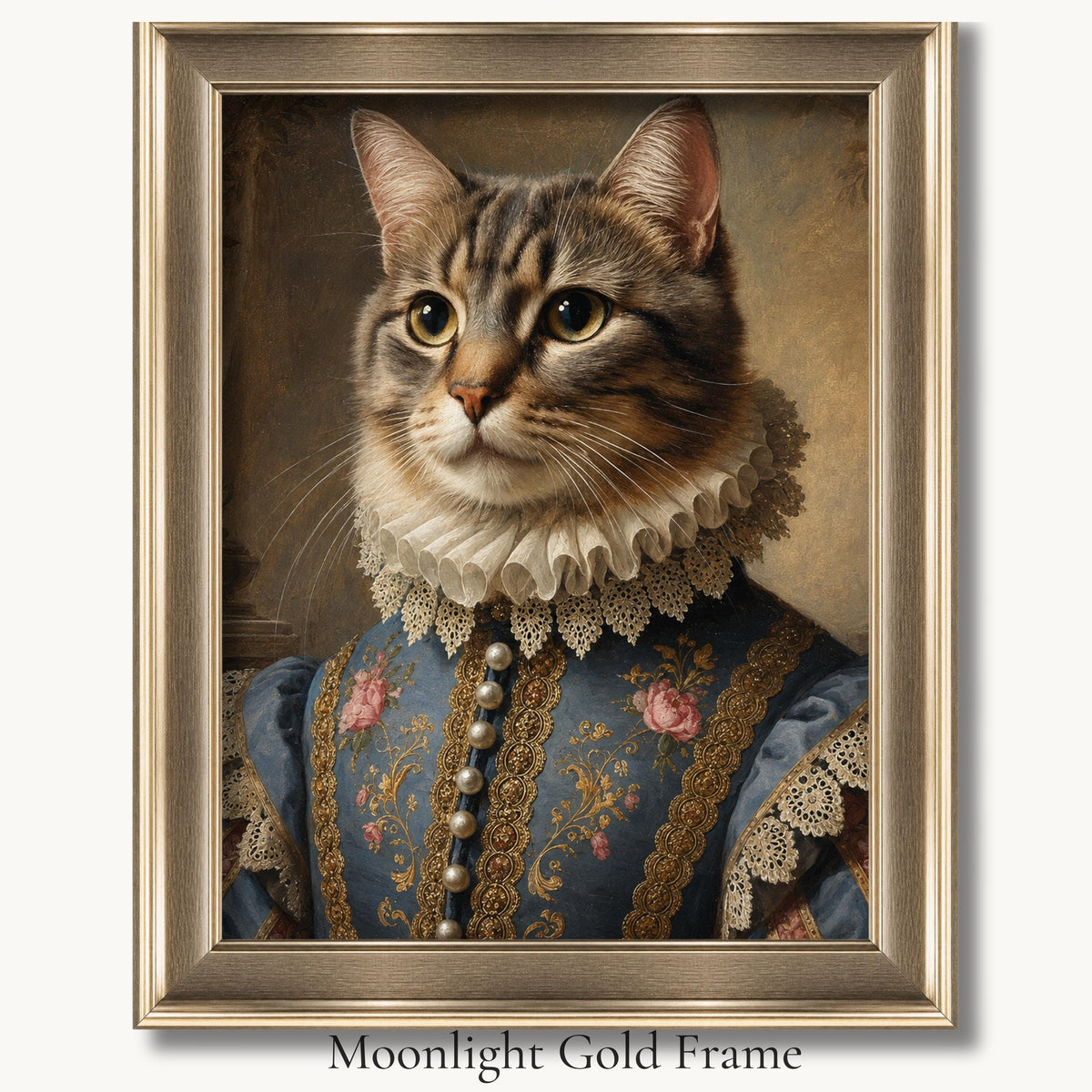 Tabby cat in a lace ruff and blue embroidered court costume in a moonlight gold picture frame.