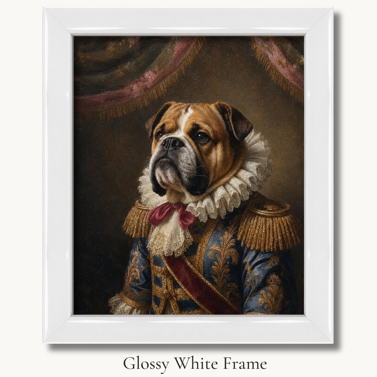 Brown-and-white bulldog in a lace ruff and blue-and-red court coat in a glossy white picture frame.
