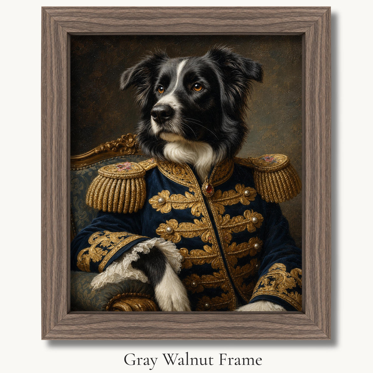 Black-and-white dog in a blue military uniform with gold epaulettes in a gray walnut picture frame.