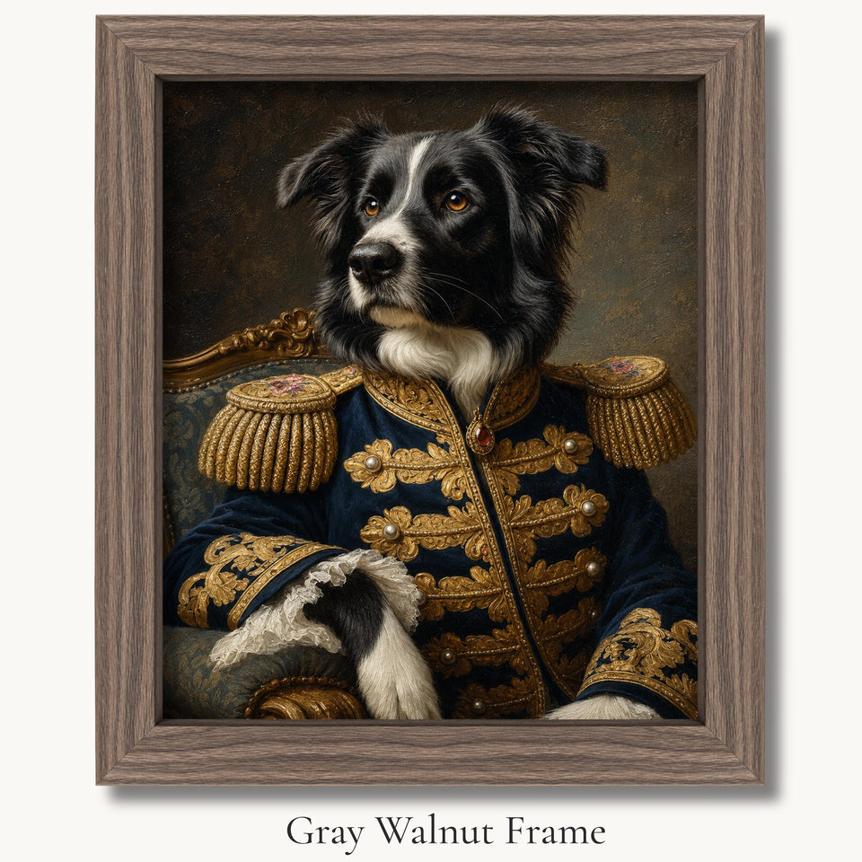 Black-and-white dog in a blue military uniform with gold epaulettes in a gray walnut picture frame.