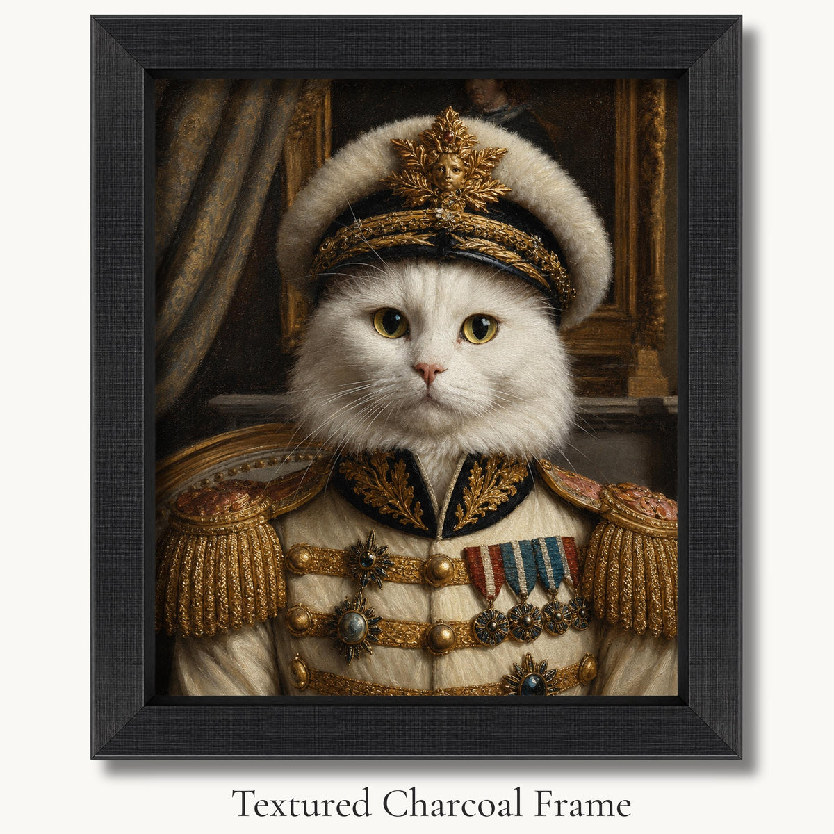 White cat in a fur military hat and decorated cream uniform in a textured charcoal picture frame.