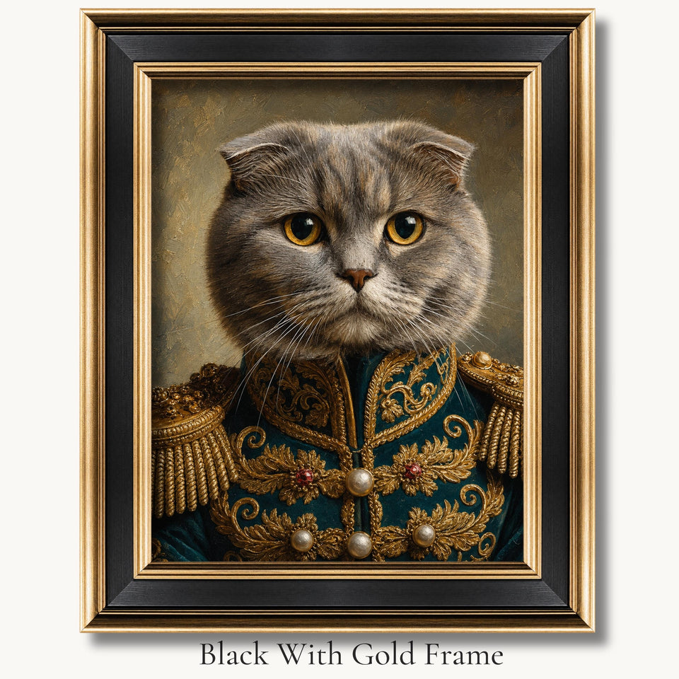 Gray Scottish Fold cat in a blue-and-gold embroidered jacket in a black with gold picture frame.
