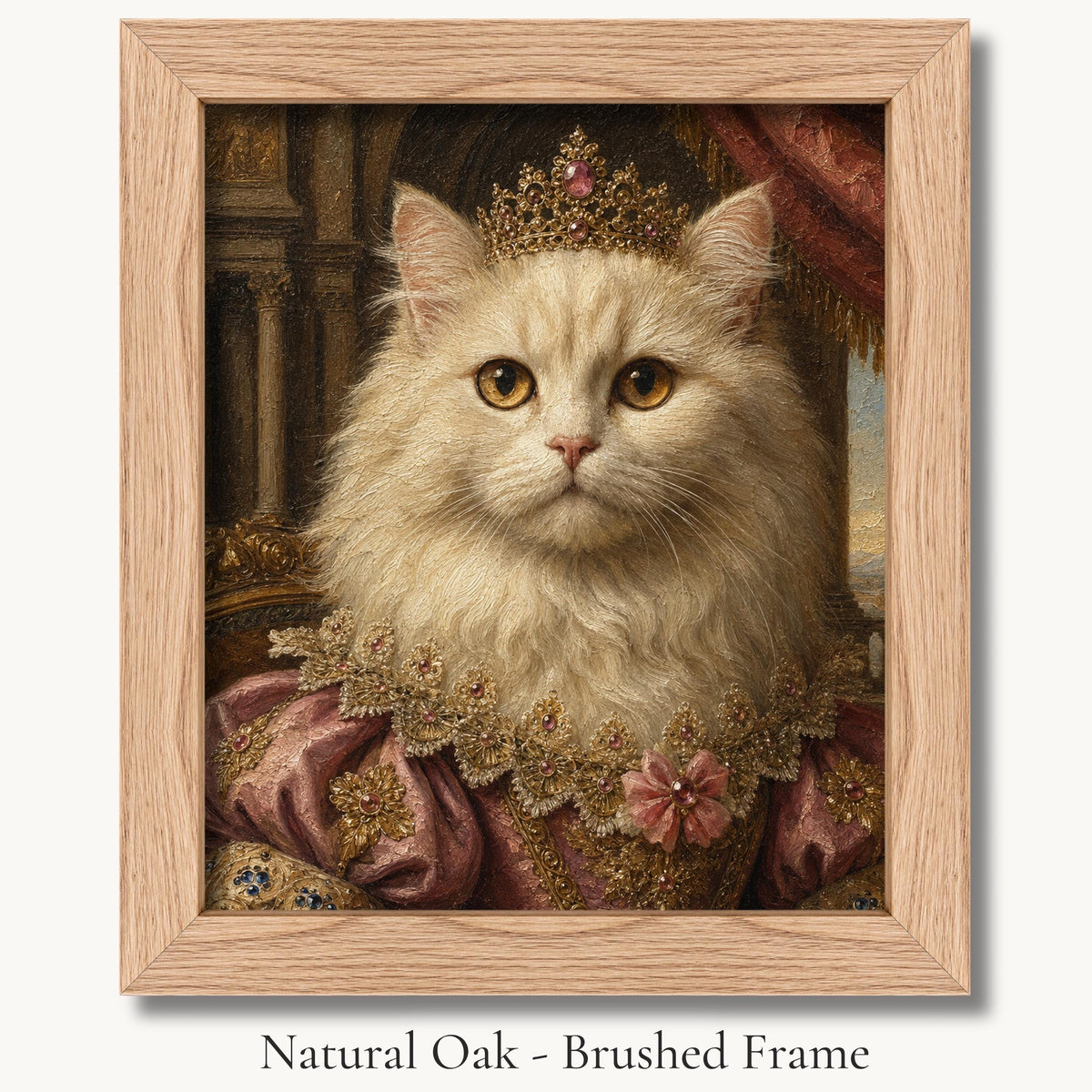 White long-haired cat in a small crown and mauve court dress in a natural oak - brushed picture frame.
