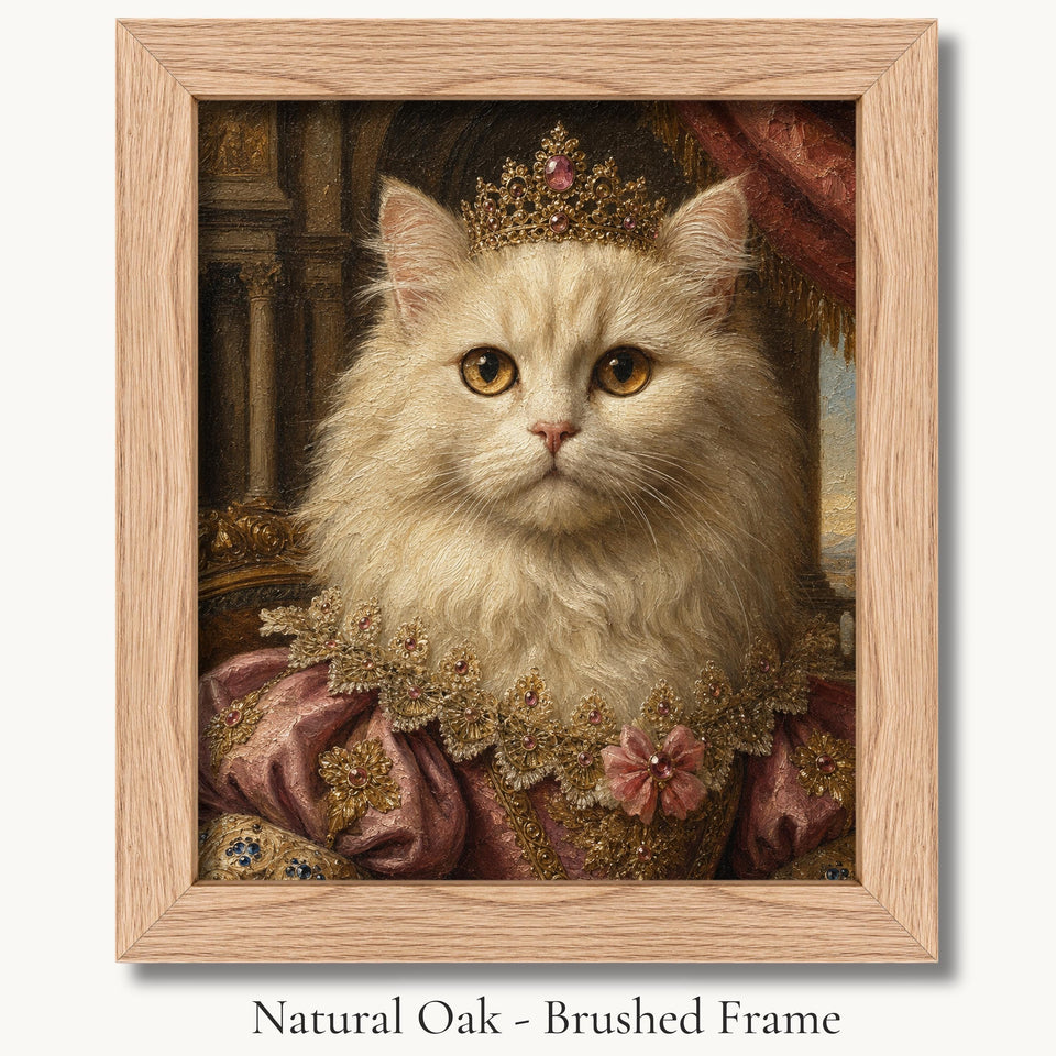 White long-haired cat in a small crown and mauve court dress in a natural oak - brushed picture frame.