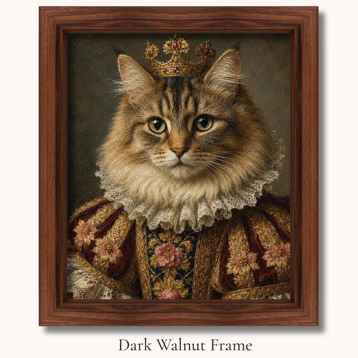 Brown tabby cat in a crown, white ruff and red floral robe in a dark walnut picture frame.