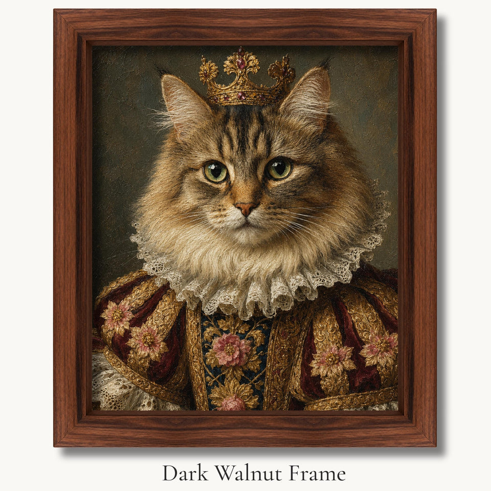 Brown tabby cat in a crown, white ruff and red floral robe in a dark walnut picture frame.