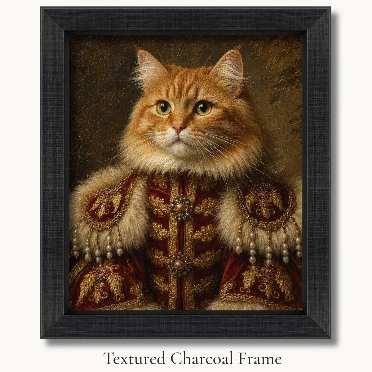 Orange long-haired cat in a red-and-gold royal coat with fur trim in a textured charcoal picture frame.