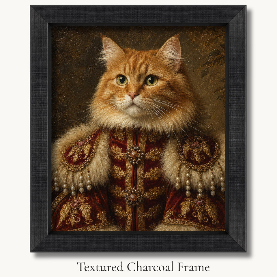 Orange long-haired cat in a red-and-gold royal coat with fur trim in a textured charcoal picture frame.