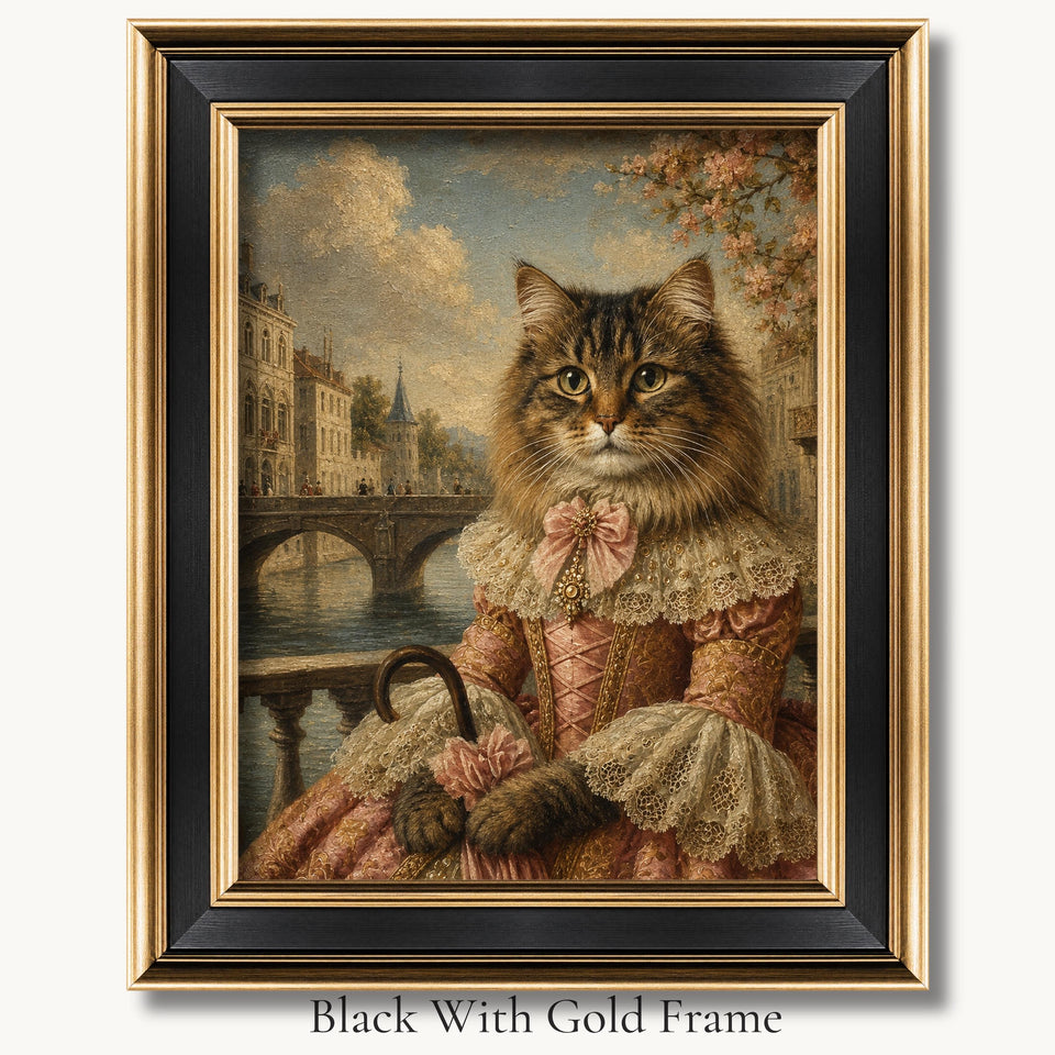 Tabby cat in a pink dress and ruff beside a river and stone bridge in a black with gold picture frame.