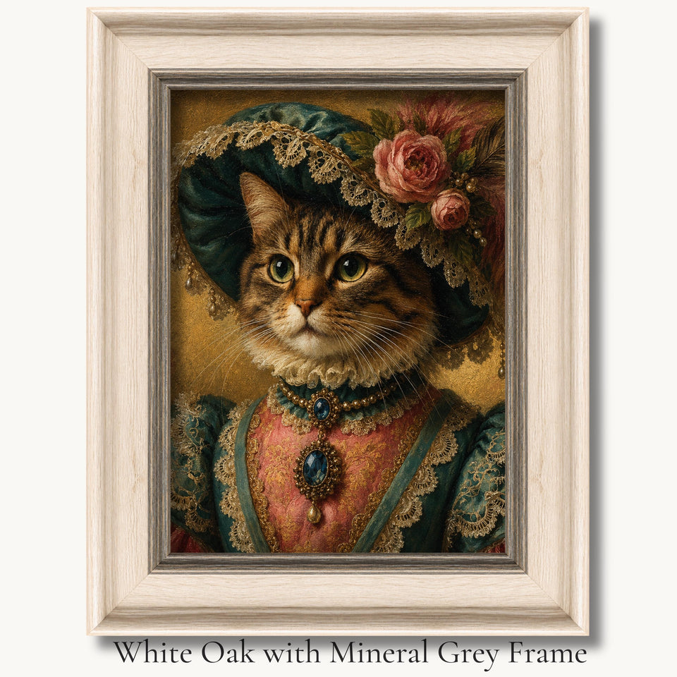 Tabby cat in a flowered bonnet and green-and-red court dress in a white oak with mineral grey picture frame.