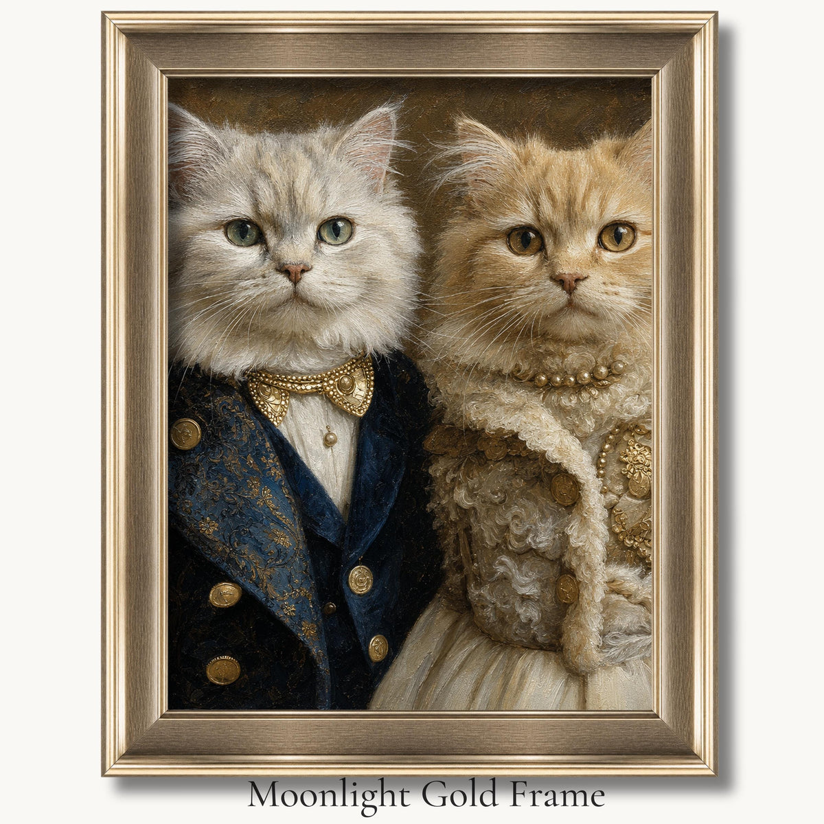 Two pale cats in formal royal couple outfits, one in a dark coat in a moonlight gold picture frame.