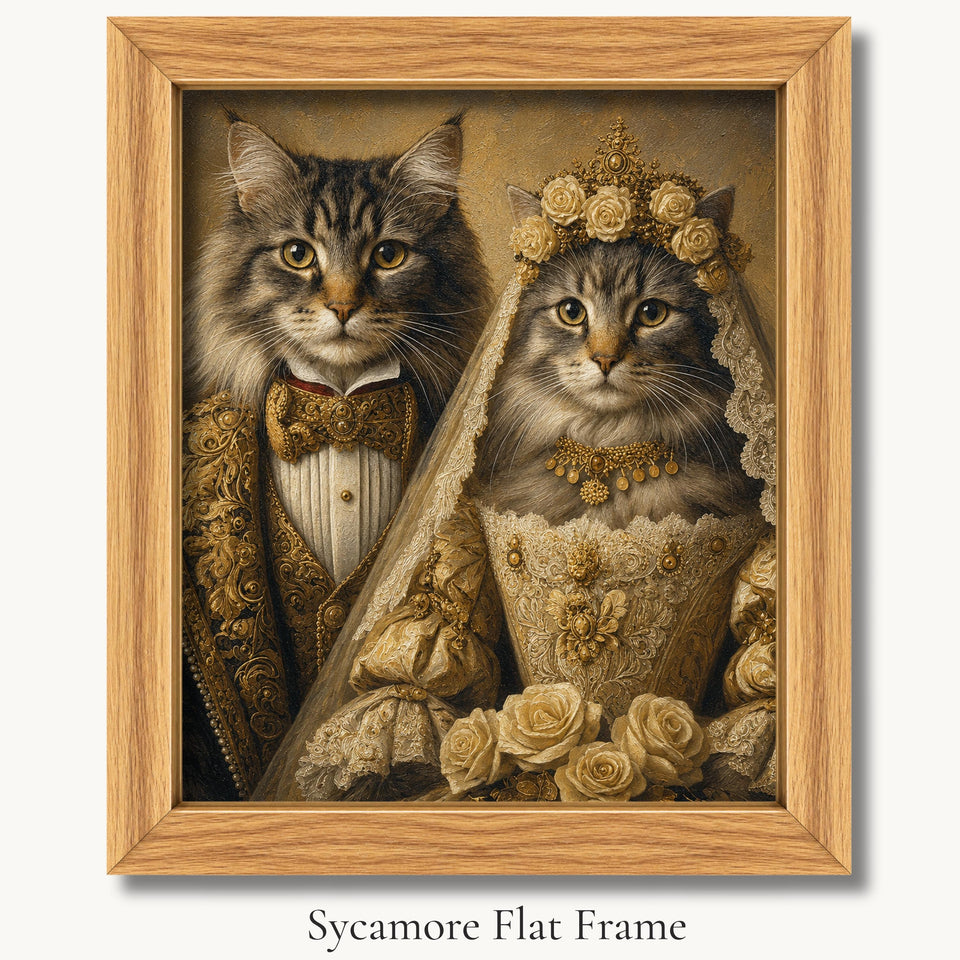 Two long-haired tabby cats dressed as a royal wedding couple in a sycamore flat picture frame.