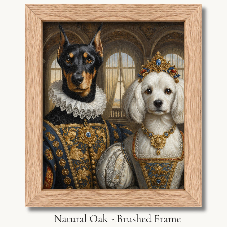 Black-and-tan Doberman and white dog in jeweled royal couple costumes in a natural oak - brushed picture frame.