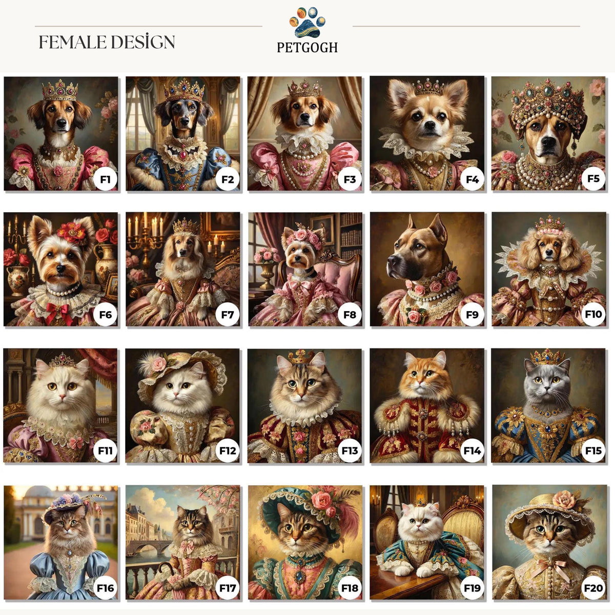 PetGogh Royal design selection chart: Female design selection chart (F1-F20).