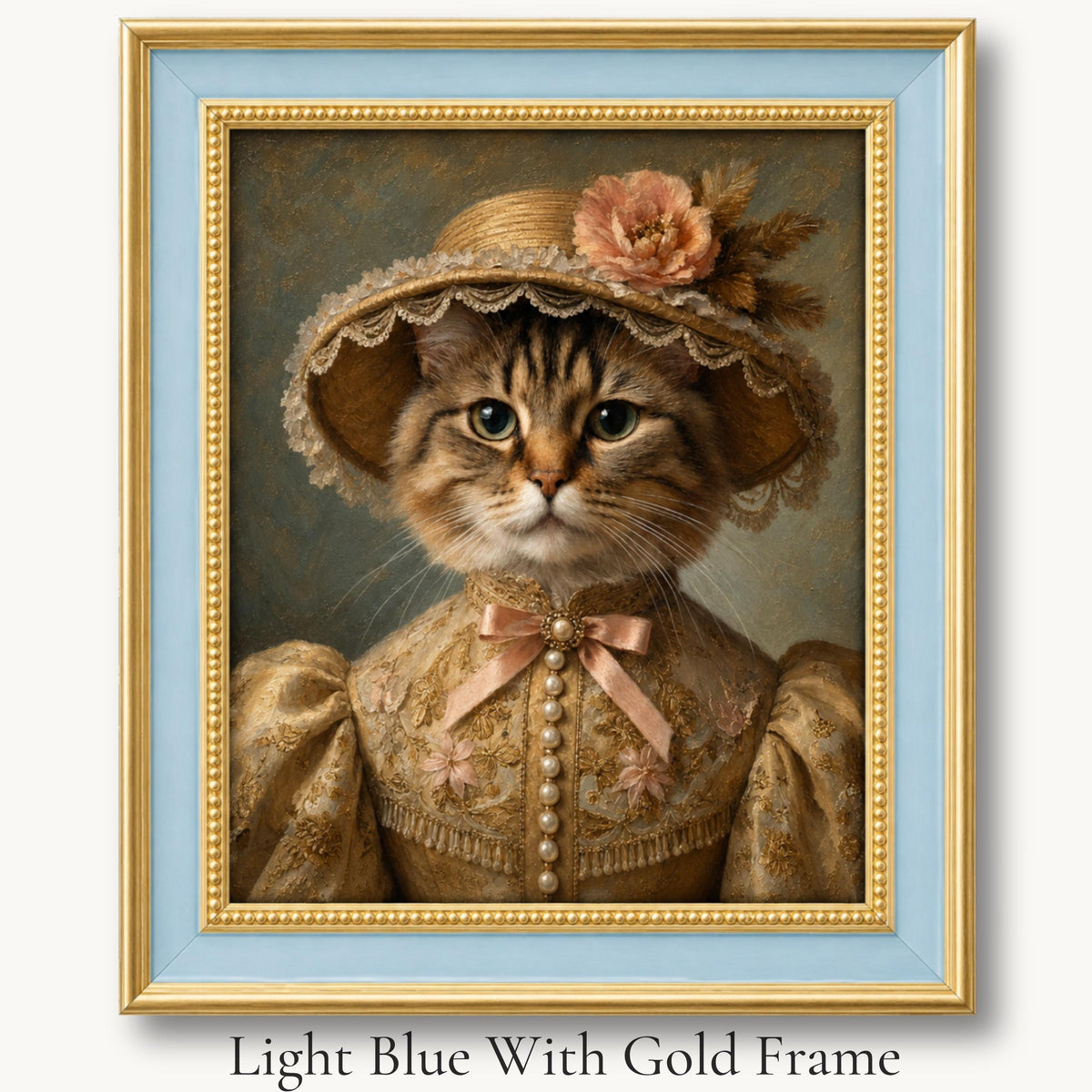 Tabby cat in a flowered straw bonnet and cream Victorian dress in a light blue with gold picture frame.