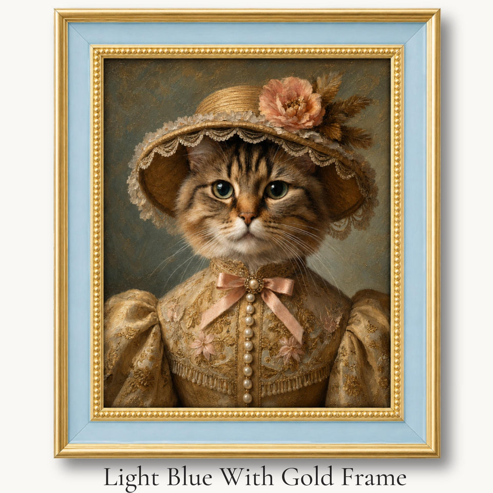 Tabby cat in a flowered straw bonnet and cream Victorian dress in a light blue with gold picture frame.