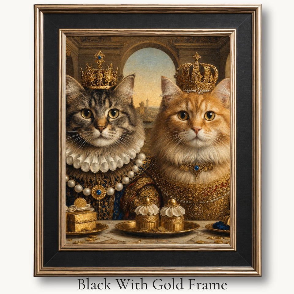 Two crowned cats in jeweled court dress beside a table of pastries in a black with gold picture frame.